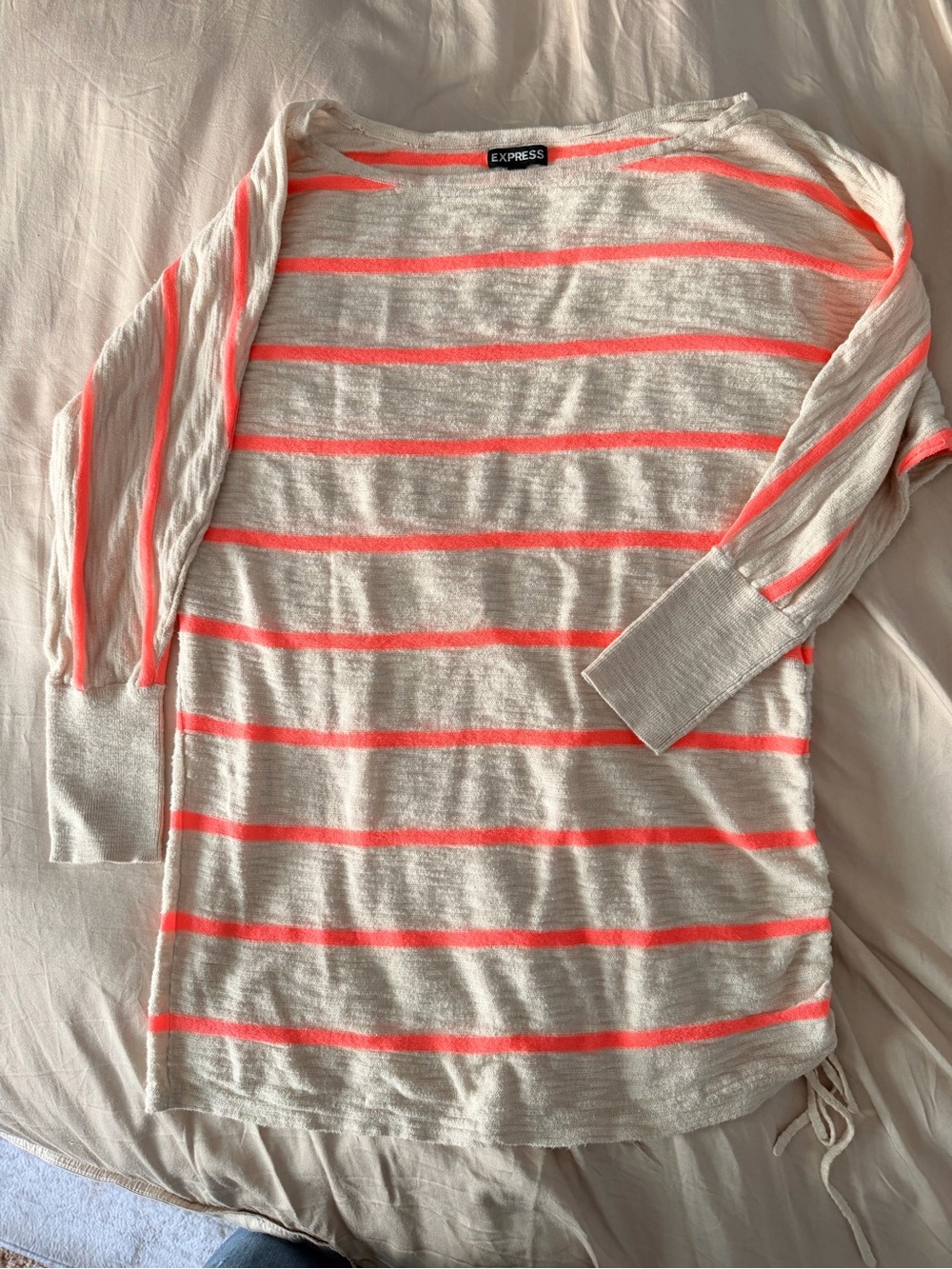 Express Womenβs Beige Top with Bright Coral Stripes